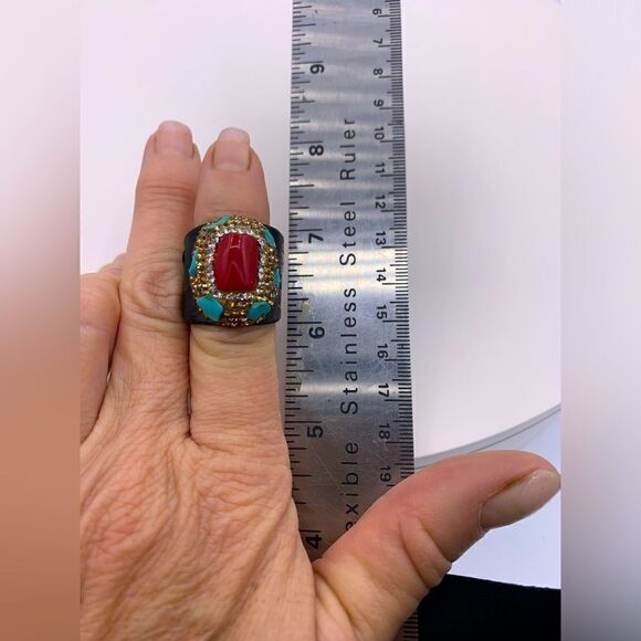 Ring, turquoise, coral, crystals, snake skin, big bold look NWOT adjustable size - Picture 6 of 14